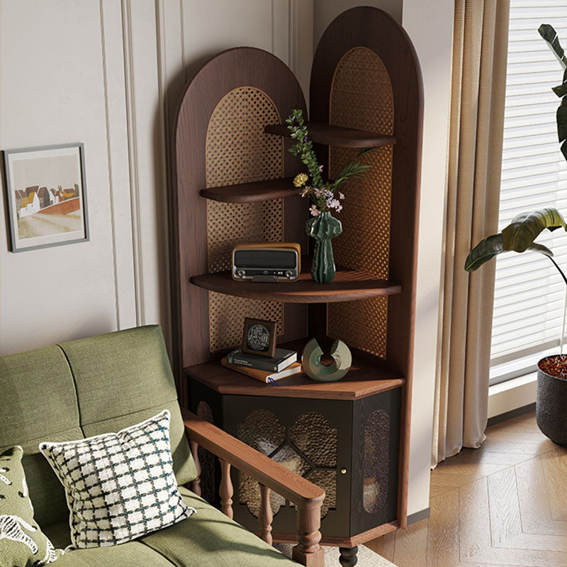 Traditional French Rectangular Ash Wood Glass Corner Cabinet 4-Tier 1-Cabinet For Living Room &amp; Bedroom