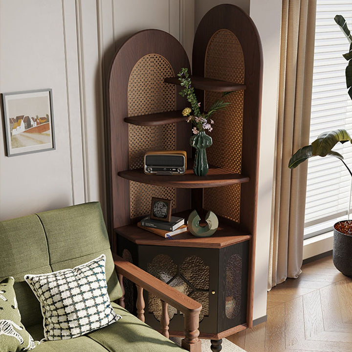 Traditional French Rectangular Ash Wood Glass Corner Cabinet 4-Tier 1-Cabinet For Living Room &amp; Bedroom