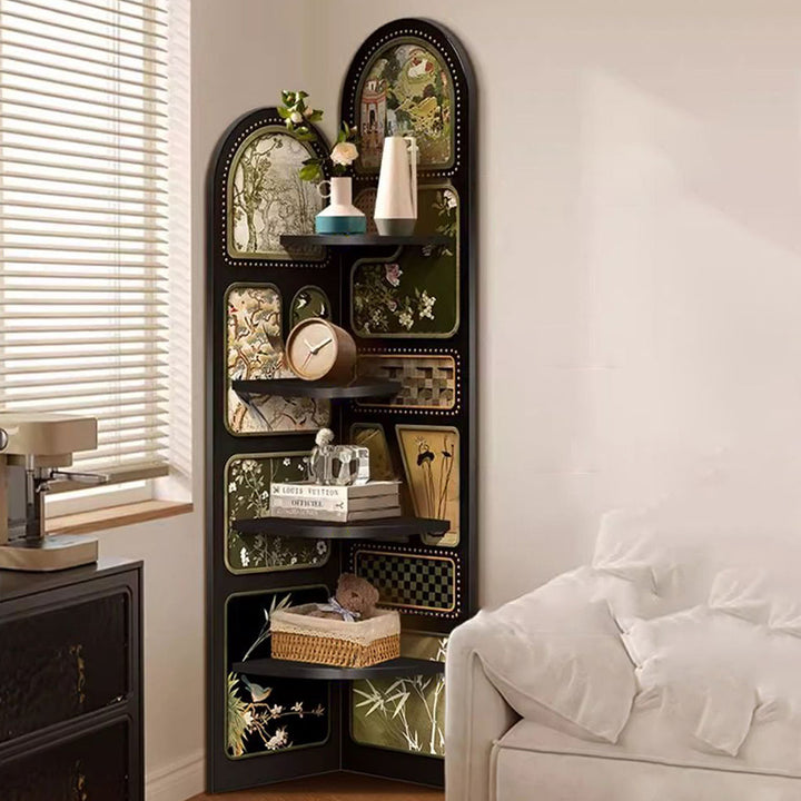 Traditional French Rectangular Medium-Density Fiberboard Crystal Porcelain Painting Corner Shelf Unit 4-Tier For Living Room
