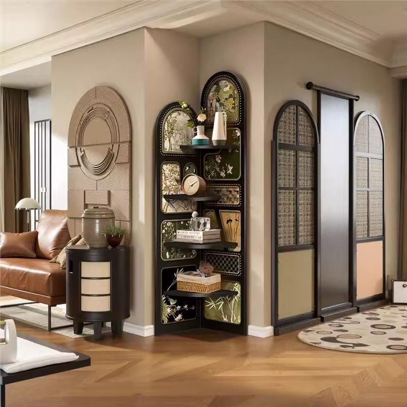 Traditional French Rectangular Medium-Density Fiberboard Crystal Porcelain Painting Corner Shelf Unit 4-Tier For Living Room