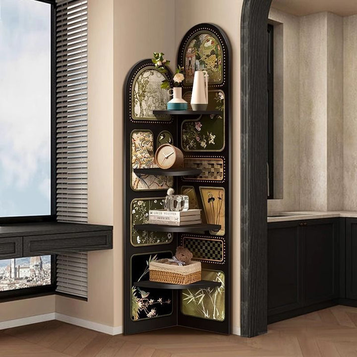 Traditional French Rectangular Medium-Density Fiberboard Crystal Porcelain Painting Corner Shelf Unit 4-Tier For Living Room