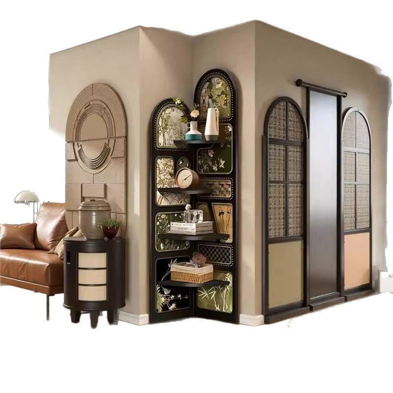 Traditional French Rectangular Medium-Density Fiberboard Crystal Porcelain Painting Corner Shelf Unit 4-Tier For Living Room