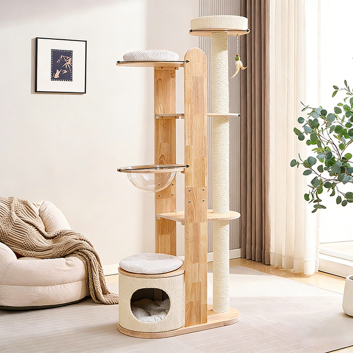 Zeitgenössischer skandinavischer runder Gummibaum-Mehrschicht-Massivholzpaneel-Acryl-Samtstoff-Sisal-Kratzbaum für das Wohnzimmer 