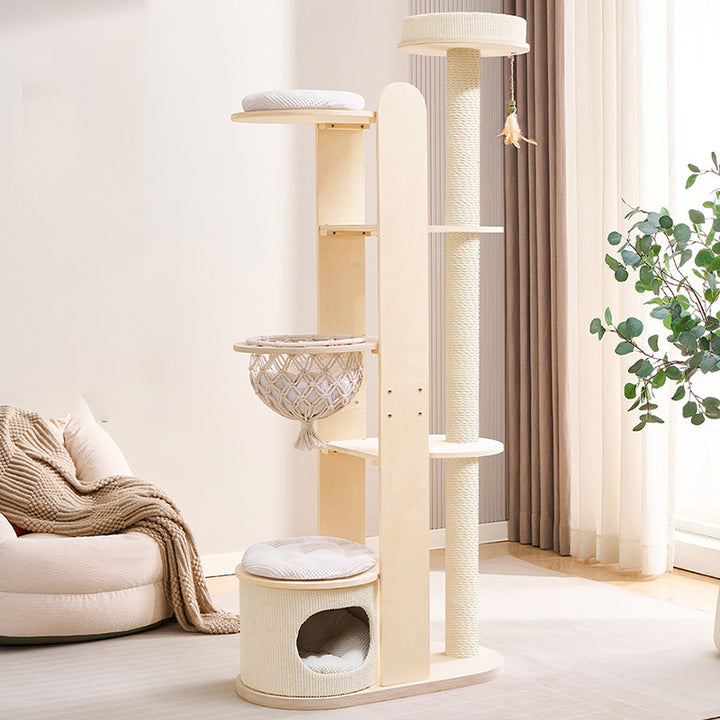 Zeitgenössischer skandinavischer runder Gummibaum-Mehrschicht-Massivholzpaneel-Acryl-Samtstoff-Sisal-Kratzbaum für das Wohnzimmer 