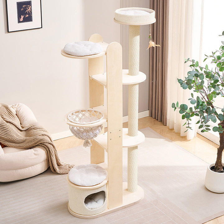 Zeitgenössischer skandinavischer runder Gummibaum-Mehrschicht-Massivholzpaneel-Acryl-Samtstoff-Sisal-Kratzbaum für das Wohnzimmer 