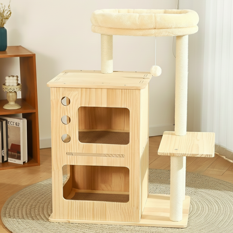Arbre à chat contemporain scandinave rectangulaire en bois de pin, tissu velours et corde en coton, 4 niveaux pour salon 