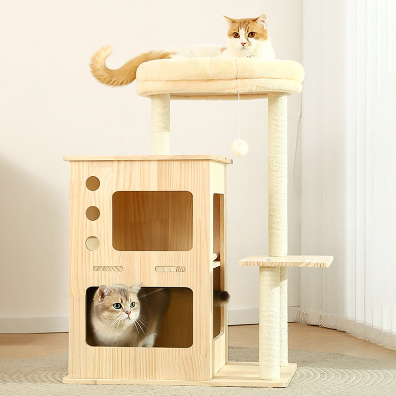 Arbre à chat contemporain scandinave rectangulaire en bois de pin, tissu velours et corde en coton, 4 niveaux pour salon 