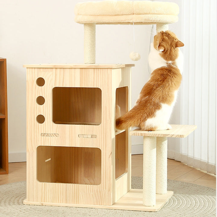 Arbre à chat contemporain scandinave rectangulaire en bois de pin, tissu velours et corde en coton, 4 niveaux pour salon 