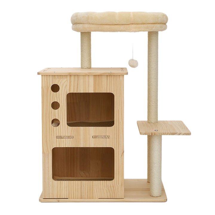Arbre à chat contemporain scandinave rectangulaire en bois de pin, tissu velours et corde en coton, 4 niveaux pour salon 