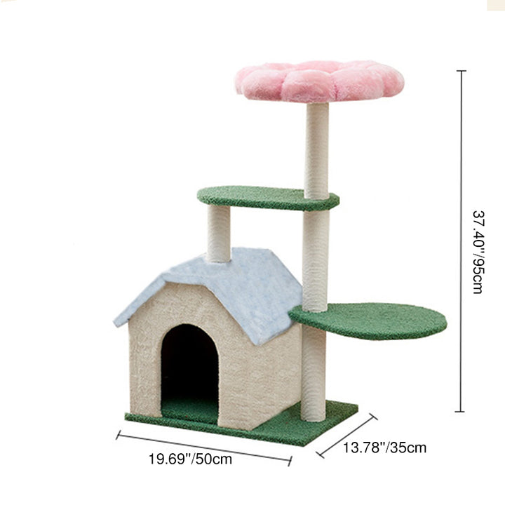 Arbre à chat contemporain créatif à motif floral rond en panneau de fibres à densité moyenne recouvert de velours à 3 niveaux pour salon 
