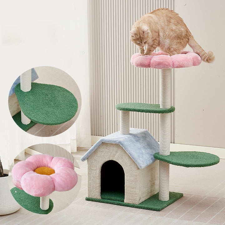 Arbre à chat contemporain créatif à motif floral rond en panneau de fibres à densité moyenne recouvert de velours à 3 niveaux pour salon 