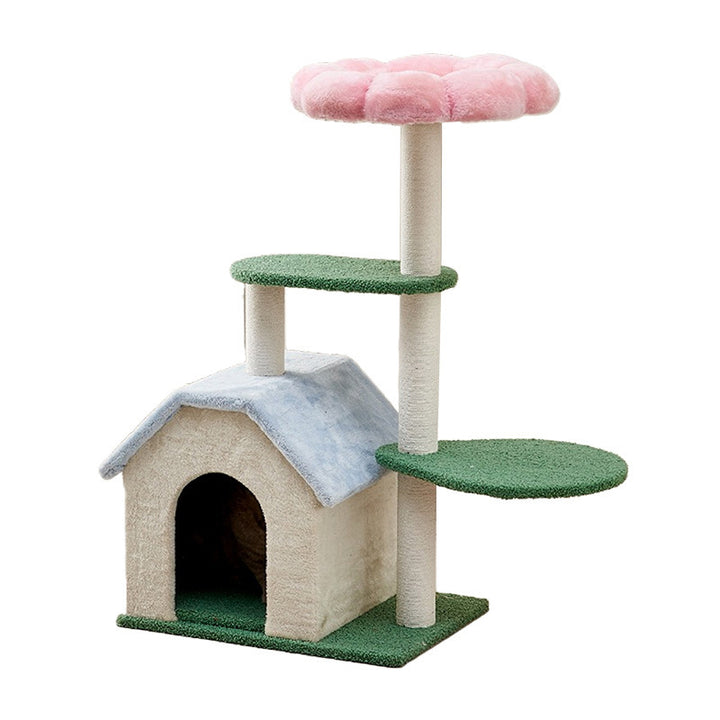 Arbre à chat contemporain créatif à motif floral rond en panneau de fibres à densité moyenne recouvert de velours à 3 niveaux pour salon 