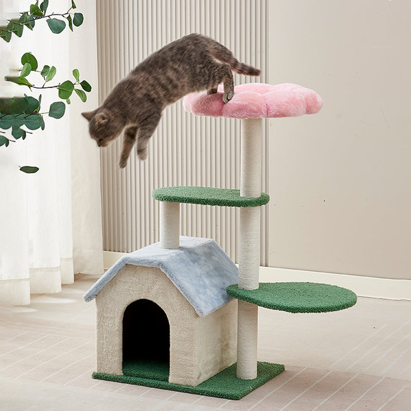 Arbre à chat contemporain créatif à motif floral rond en panneau de fibres à densité moyenne recouvert de velours à 3 niveaux pour salon 