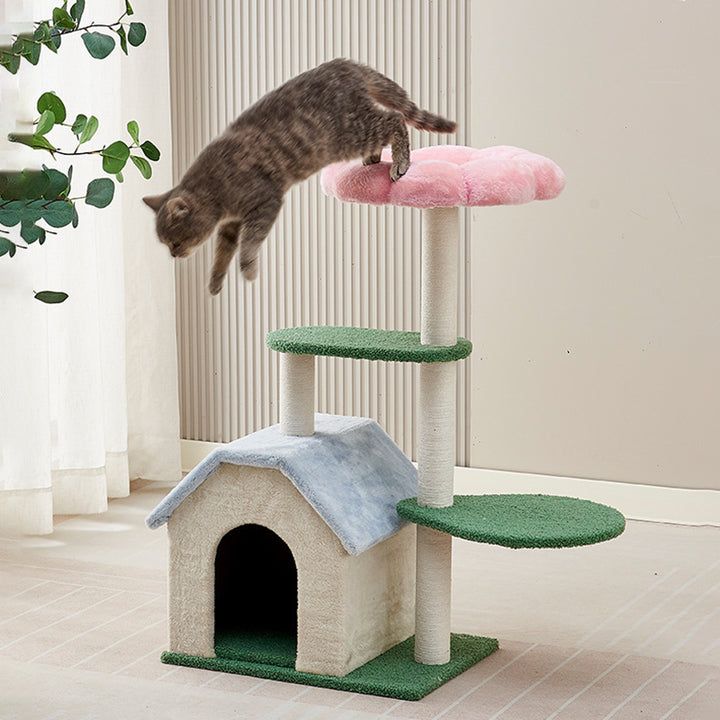 Arbre à chat contemporain créatif à motif floral rond en panneau de fibres à densité moyenne recouvert de velours à 3 niveaux pour salon 