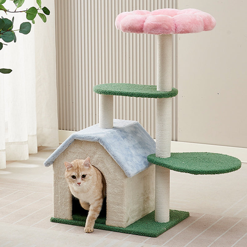 Arbre à chat contemporain créatif à motif floral rond en panneau de fibres à densité moyenne recouvert de velours à 3 niveaux pour salon 