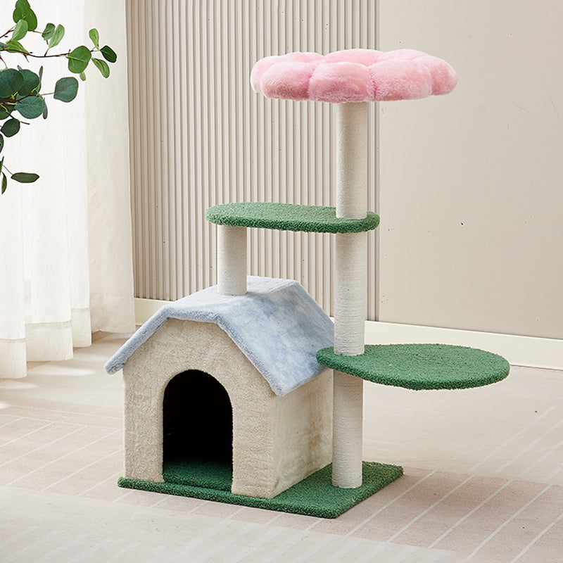 Arbre à chat contemporain créatif à motif floral rond en panneau de fibres à densité moyenne recouvert de velours à 3 niveaux pour salon 