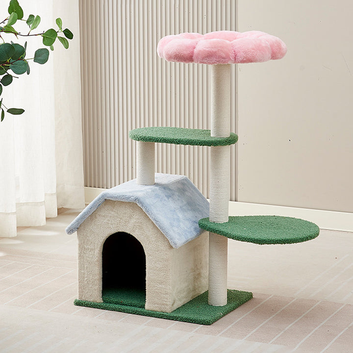 Arbre à chat contemporain créatif à motif floral rond en panneau de fibres à densité moyenne recouvert de velours à 3 niveaux pour salon 