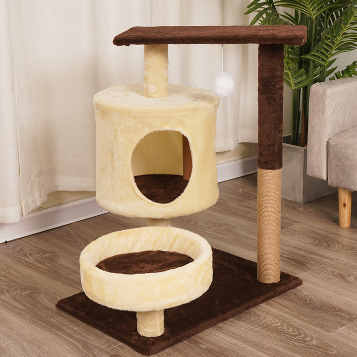 Zeitgenössischer skandinavischer runder MDF-Samtstoff-Kratzbaum 3-stufig für das Wohnzimmer 