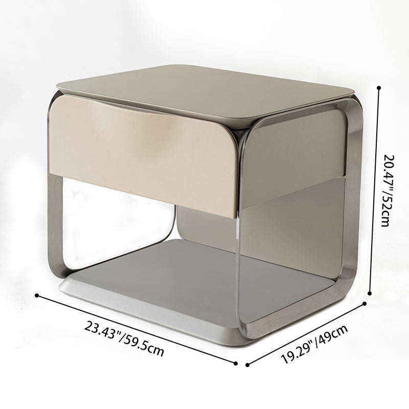 Modern Luxury White &amp; Silver Nightstand : Floating Design Microfiber Leather Drawer Front - Single Drawer Bedside Table For Bedroom