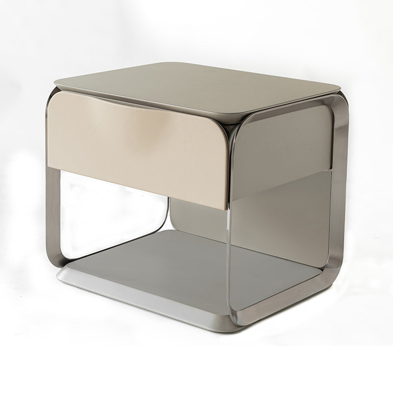 Modern Luxury White &amp; Silver Nightstand : Floating Design Microfiber Leather Drawer Front - Single Drawer Bedside Table For Bedroom