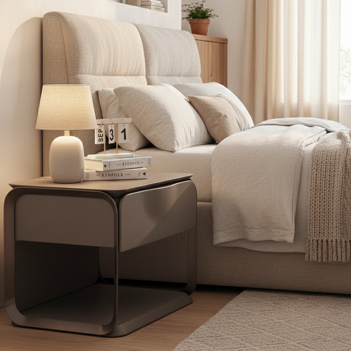 Modern Luxury White &amp; Silver Nightstand : Floating Design Microfiber Leather Drawer Front - Single Drawer Bedside Table For Bedroom