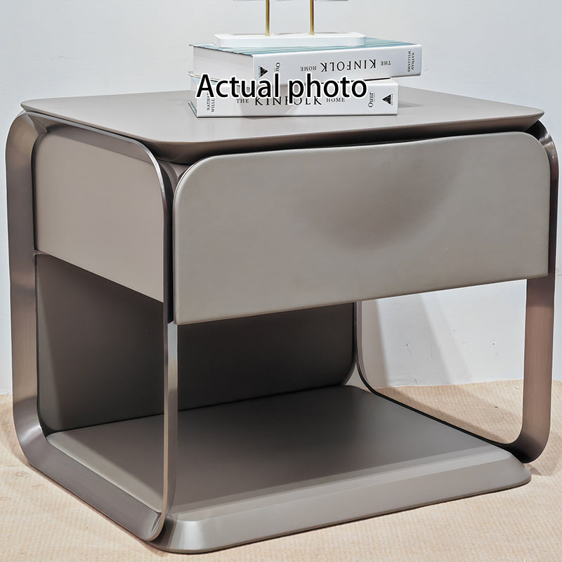 Modern Luxury White &amp; Silver Nightstand : Floating Design Microfiber Leather Drawer Front - Single Drawer Bedside Table For Bedroom