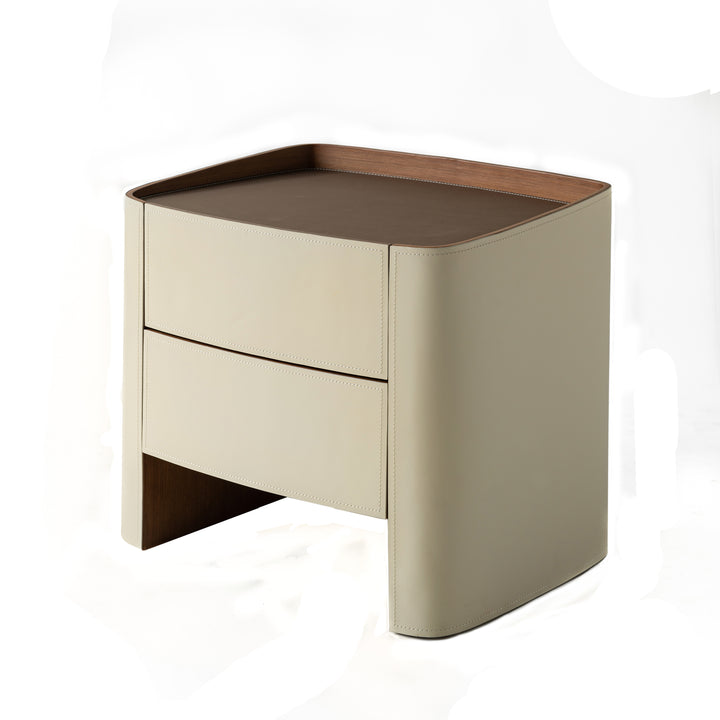 Modern Luxury Beige Nightstand: Floating Design &amp; Saddle-Style Faux Leather Finish - Double Drawer Bedside Table For Bedroom