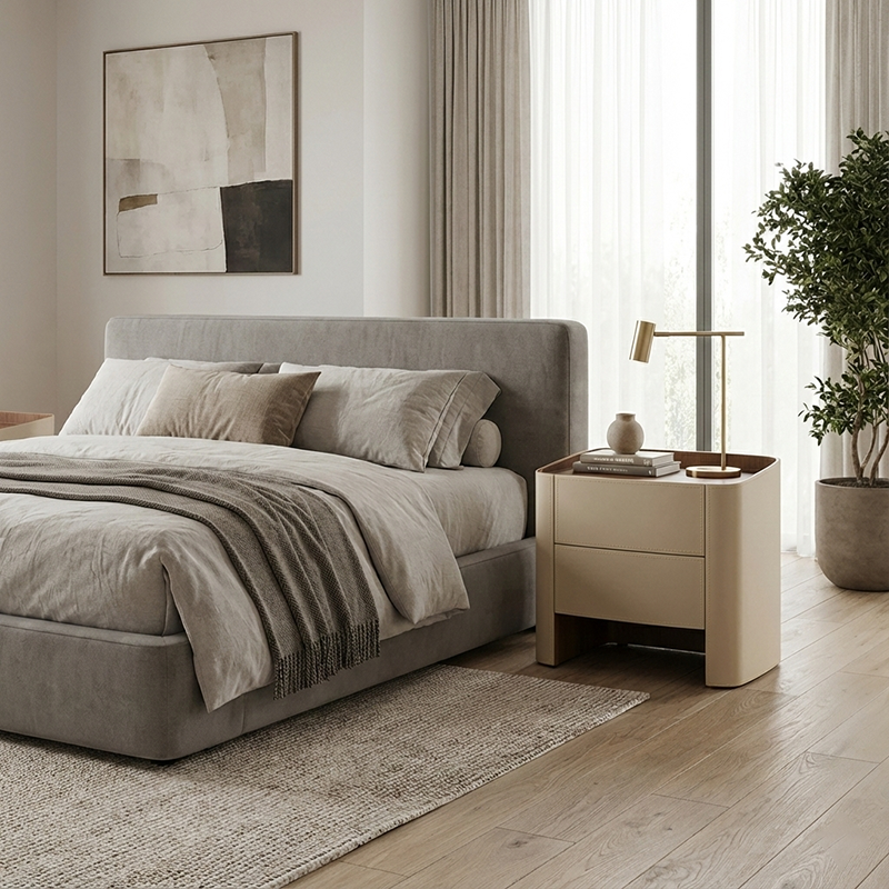 Modern Luxury Beige Nightstand: Floating Design &amp; Saddle-Style Faux Leather Finish - Double Drawer Bedside Table For Bedroom