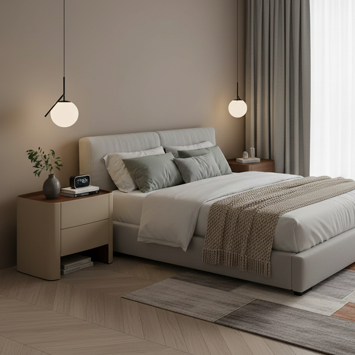 Modern Luxury Beige Nightstand: Floating Design &amp; Saddle-Style Faux Leather Finish - Double Drawer Bedside Table For Bedroom