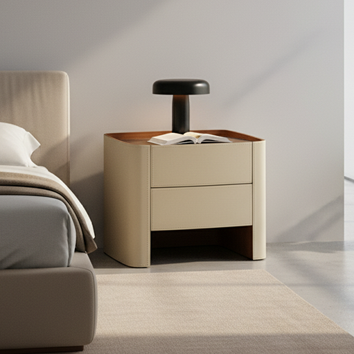 Modern Luxury Beige Nightstand: Floating Design &amp; Saddle-Style Faux Leather Finish - Double Drawer Bedside Table For Bedroom