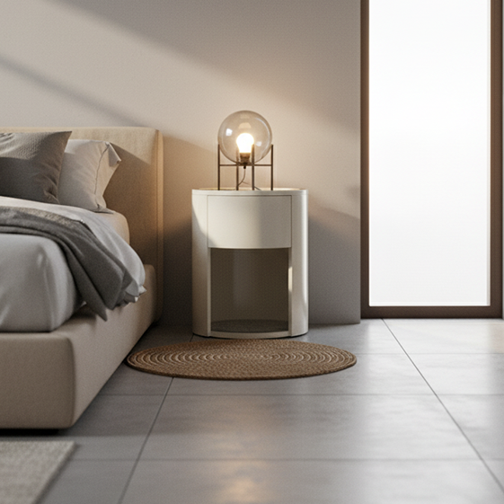 Table de chevet blanche de luxe moderne : plateau en dalle de pierre blanche - table de nuit à un tiroir pour chambre à coucher 