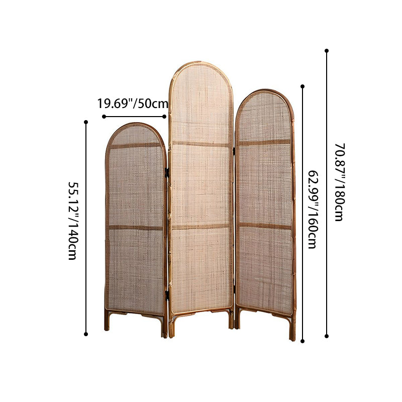 Traditioneller chinesischer Holzfarbener Dreifachschirm: Natürlicher indonesischer Rattan &amp; handgewebt - Asymmetrisches gestuftes Design Raumteiler für das Wohnzimmer 