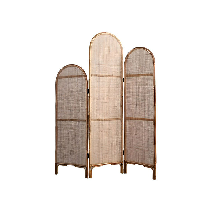 Traditioneller chinesischer Holzfarbener Dreifachschirm: Natürlicher indonesischer Rattan &amp; handgewebt - Asymmetrisches gestuftes Design Raumteiler für das Wohnzimmer 