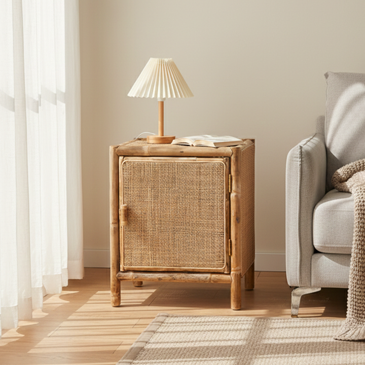 Armoire de rangement en bois couleur chinois traditionnel : rotin indonésien naturel et tissé à la main - buffet de rangement à un seul meuble pour salon 