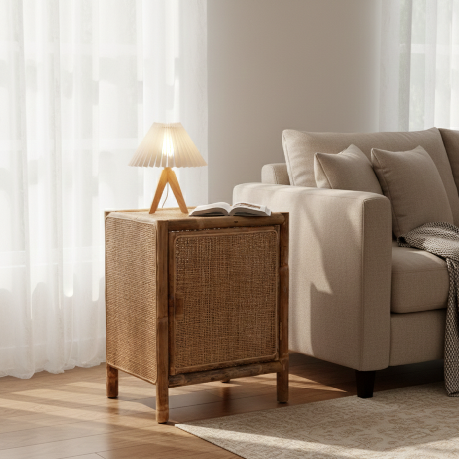 Traditional Chinese Wood Color Storage Cabinet: Natural Indonesian Rattan &amp; Handwoven - Single-Cabinet Storage Sideboard For Living Room