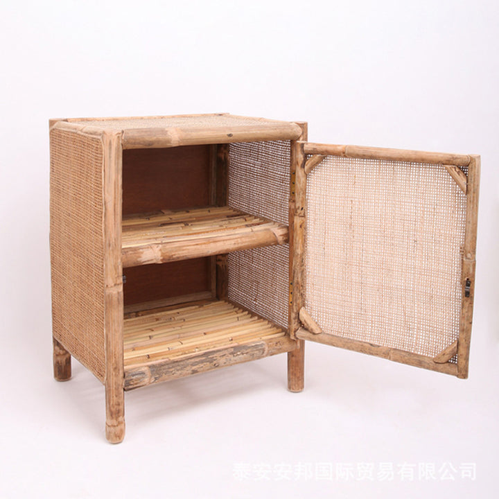 Traditional Chinese Wood Color Storage Cabinet: Natural Indonesian Rattan &amp; Handwoven - Single-Cabinet Storage Sideboard For Living Room