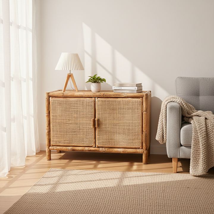 Meuble de rangement rectangulaire traditionnel chinois : rotin indonésien naturel et tressé à la main - buffet de rangement grande capacité pour salon 