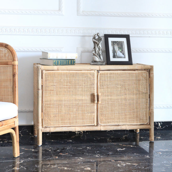 Meuble de rangement rectangulaire traditionnel chinois : rotin indonésien naturel et tressé à la main - buffet de rangement grande capacité pour salon 