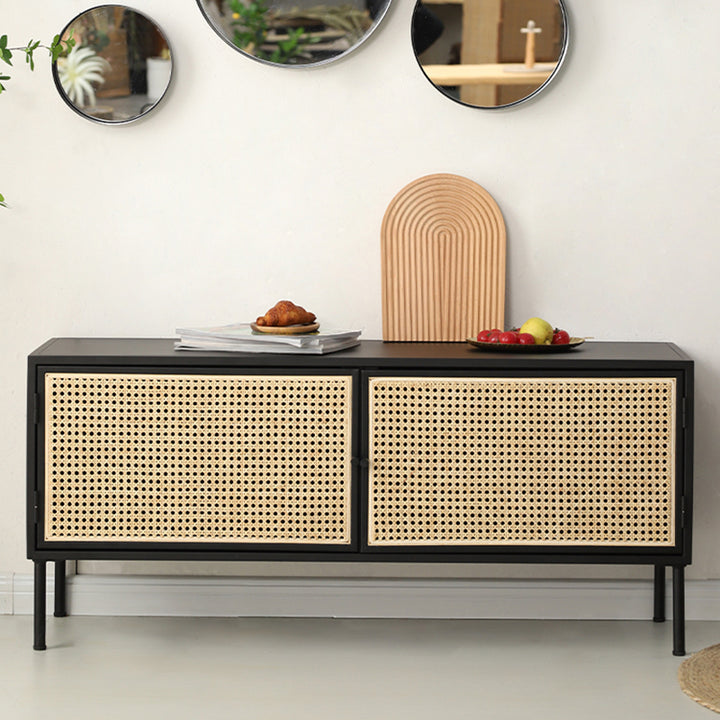 Armoire de rangement rectangulaire vintage traditionnelle en fer : rotin naturel indonésien et tissage à la main - buffet grande capacité à 1 porte pour salon 