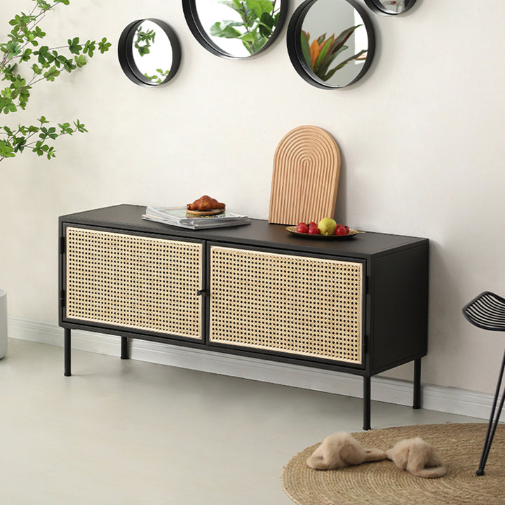 Armoire de rangement rectangulaire vintage traditionnelle en fer : rotin naturel indonésien et tissage à la main - buffet grande capacité à 1 porte pour salon 