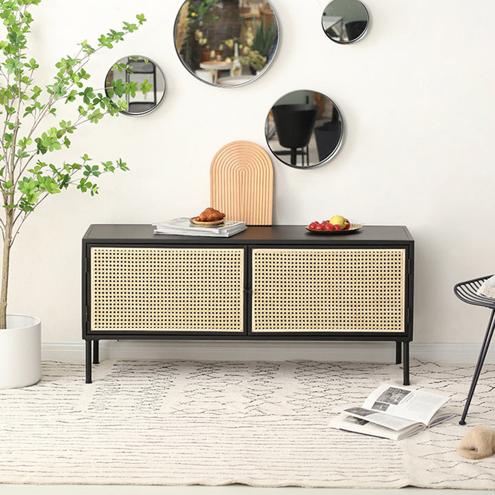 Armoire de rangement rectangulaire vintage traditionnelle en fer : rotin naturel indonésien et tissage à la main - buffet grande capacité à 1 porte pour salon 