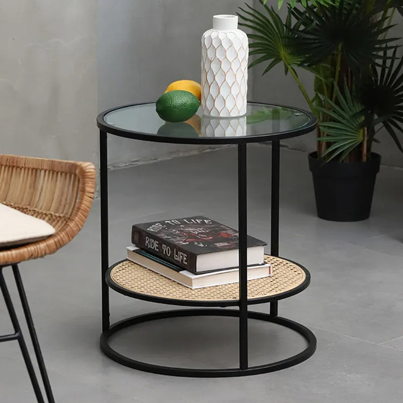 Moderner minimalistischer runder Glastisch: Natürlicher indonesischer Rattan &amp; handgewebt - 2-stufiger Beistelltisch für das Wohnzimmer 