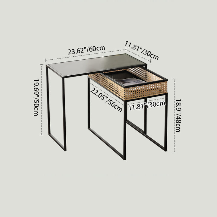 Modern Minimalist Rectangular Iron Desk: Natural Indonesian Rattan & Handwoven - 1 Storage Cabinet Side Table For Living Room