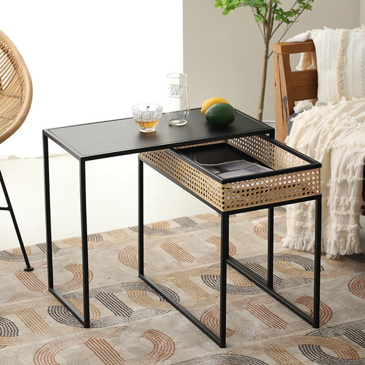 Modern Minimalist Rectangular Iron Desk: Natural Indonesian Rattan & Handwoven - 1 Storage Cabinet Side Table For Living Room