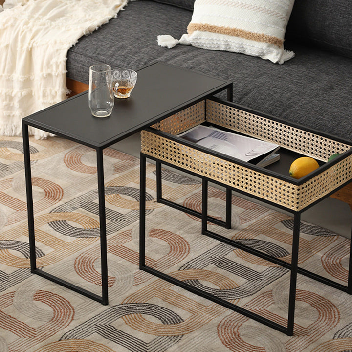 Modern Minimalist Rectangular Iron Desk: Natural Indonesian Rattan & Handwoven - 1 Storage Cabinet Side Table For Living Room