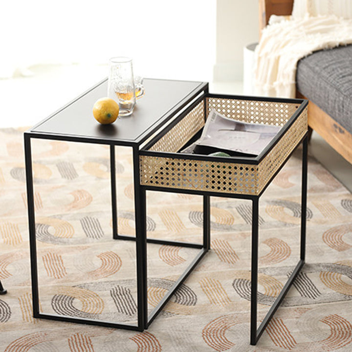 Modern Minimalist Rectangular Iron Desk: Natural Indonesian Rattan & Handwoven - 1 Storage Cabinet Side Table For Living Room