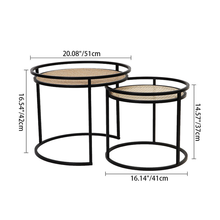 Modern Minimalist Round Iron Side Table: Natural Indonesian Rattan & Handwoven - Dual-Table Set End Table For Living Room