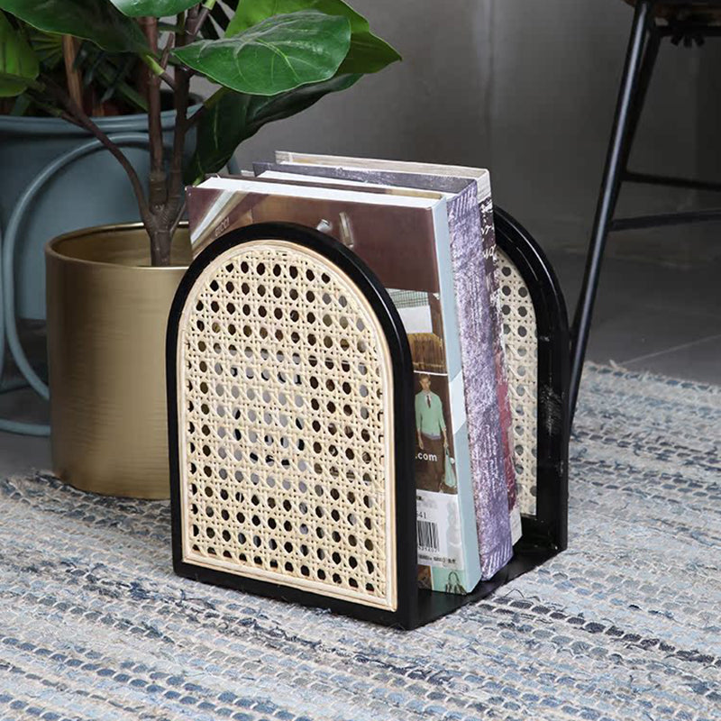 Traditional Vintage Half-Round Iron Bookshelf: Natural Indonesian Rattan &amp; Handwoven - Desk Storage Shelf For Study &amp; Bedroom