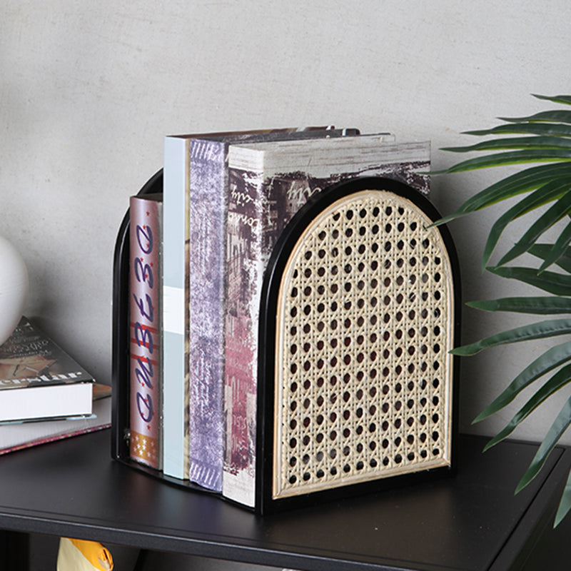 Traditional Vintage Half-Round Iron Bookshelf: Natural Indonesian Rattan &amp; Handwoven - Desk Storage Shelf For Study &amp; Bedroom
