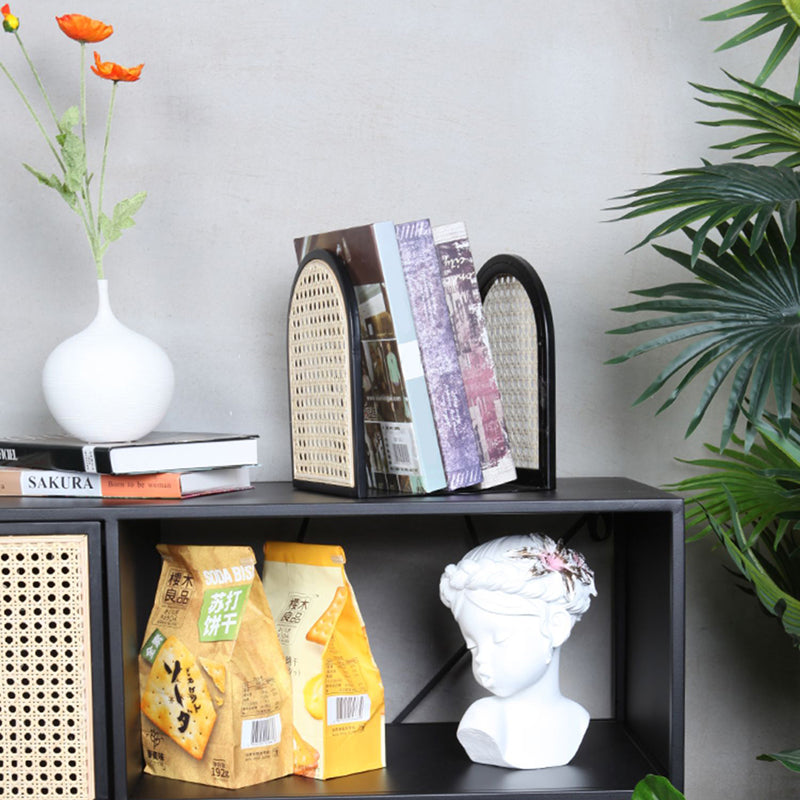 Traditional Vintage Half-Round Iron Bookshelf: Natural Indonesian Rattan &amp; Handwoven - Desk Storage Shelf For Study &amp; Bedroom